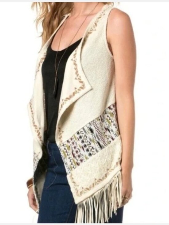 Miss Me Tops - Miss Me Tribal Aztec Fringe Vest Boho Festival Western Knit Open Front Size M